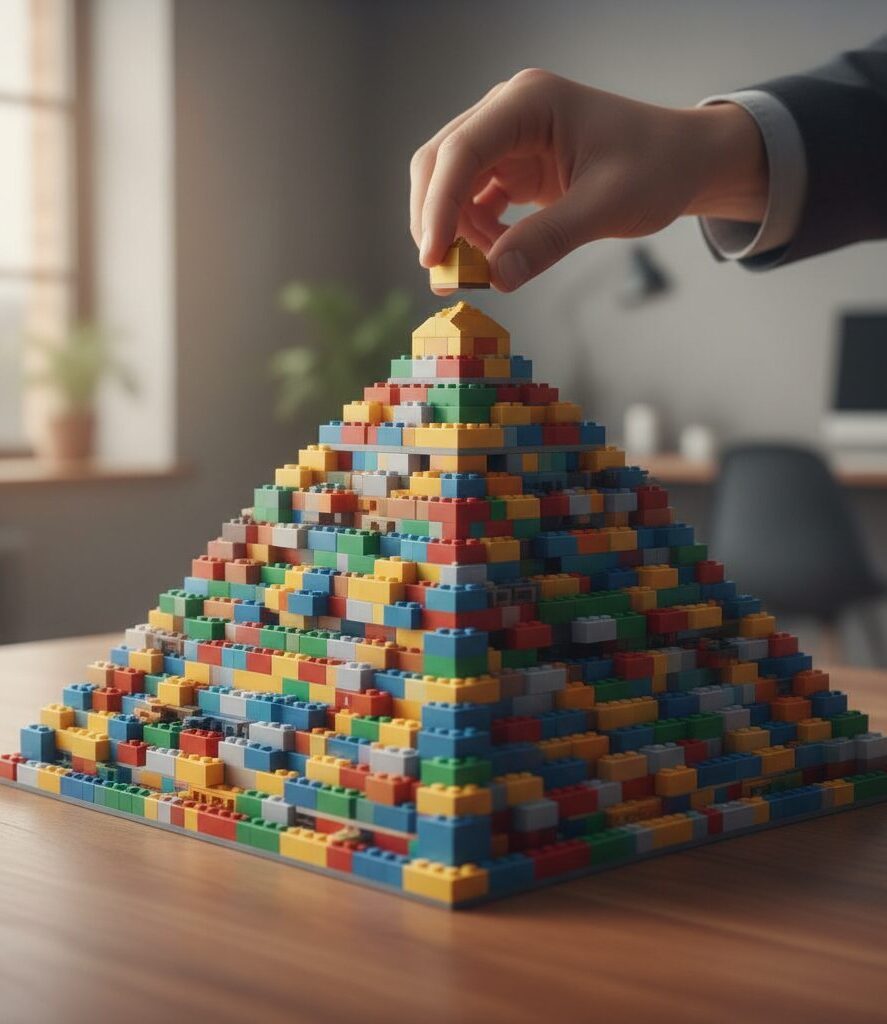 A person is building a lego tower - representing how leveraging partnerships and relationships in social media can help all grow.