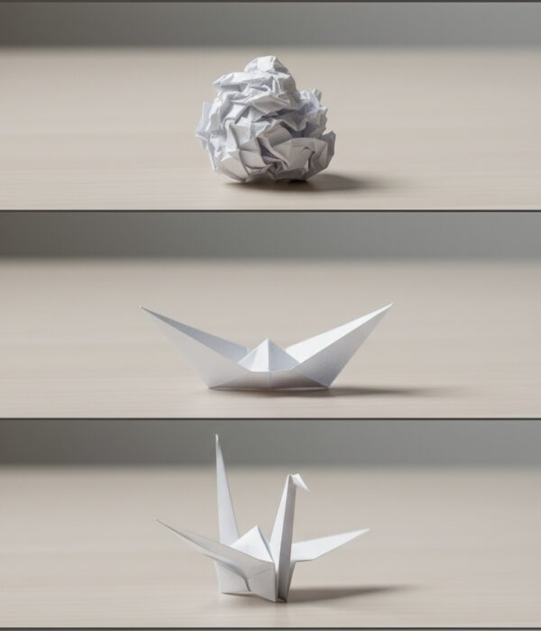 A series of images showing the progression of a crumpled piece of paper into an origami crane.
