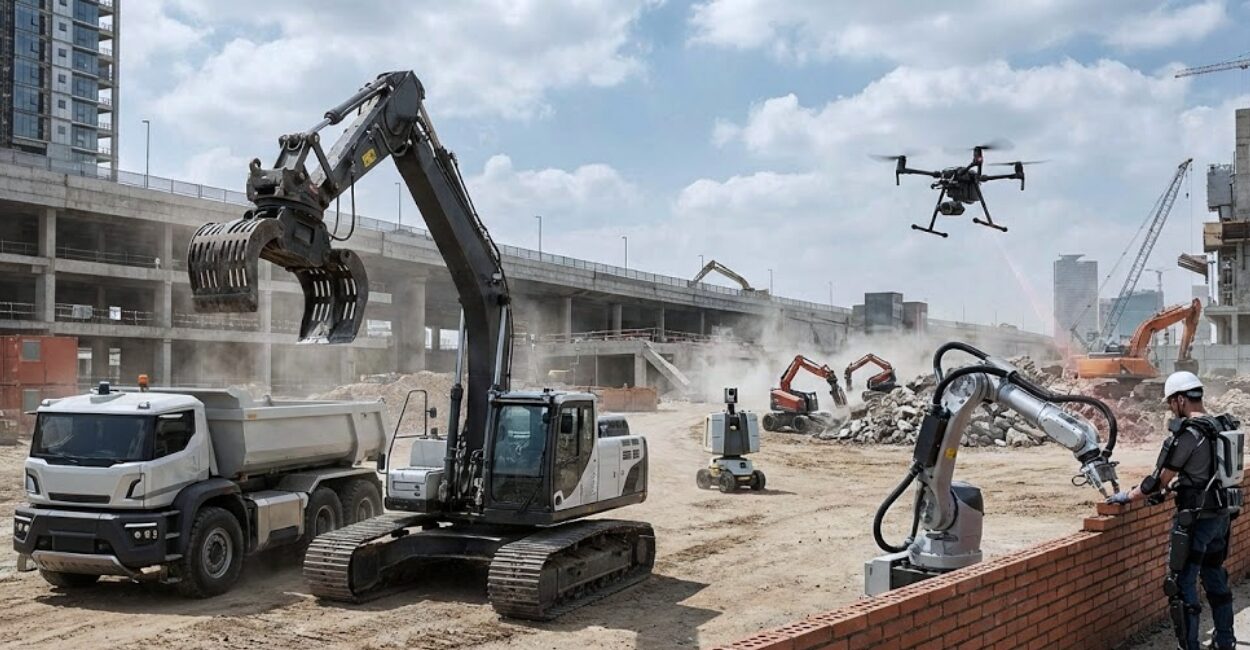 Image imagining the future of construction involving autonomous robotics performing demolition, masonry, surveying, and finishing tasks.